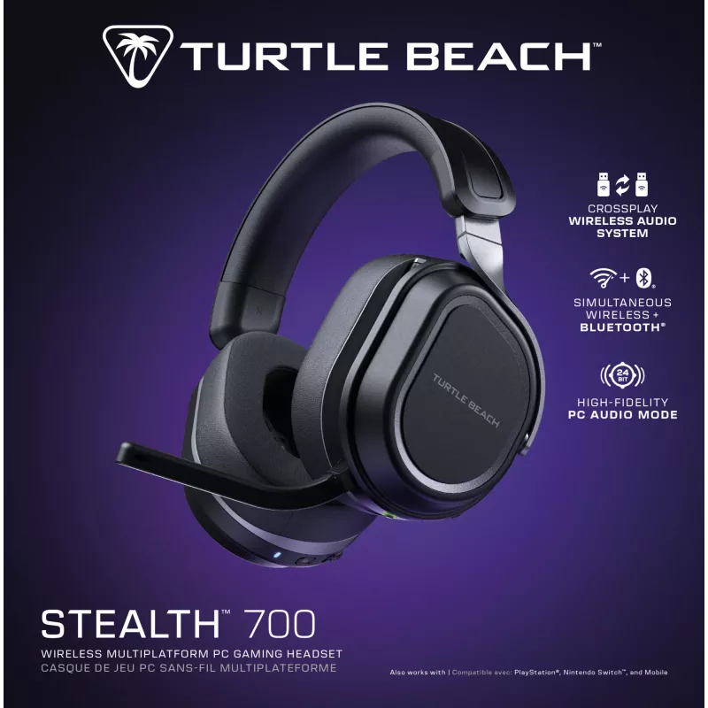 Turtle Beach Stealth 700 melna datora bezvadu spēļu austiņa ar līdz 80 stundu bateriju, Bluetooth, diviem raidītājiem un 60 mm skaļruņiem datoram, PS5, PS4 un mobilajām ierīcēm
