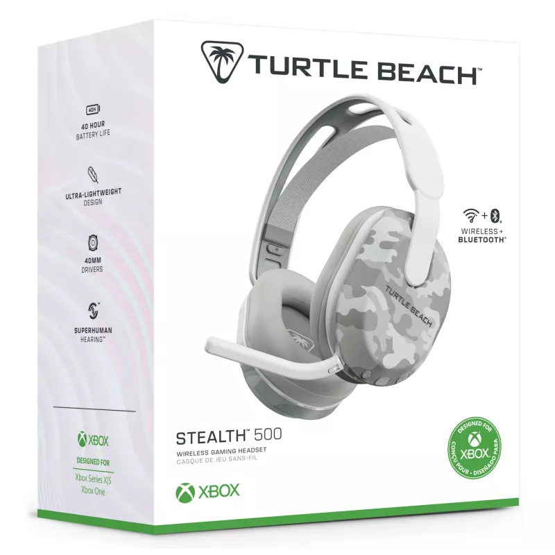 Turtle Beach Stealth 500 Arctic Camo Xbox bezvadu spēļu austiņas ar līdz 40 h akumulatoru, paredzētas Xbox Series X/S, Xbox One un darbojas, izmantojot Bluetooth, datoru un mobilo ierīci