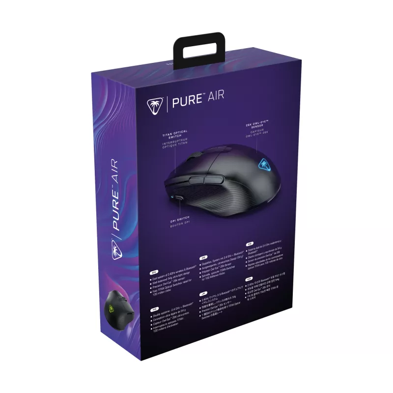 Turtle Beach Pure Air Melns - Īpaši viegla bezvadu ergonomiska RGB spēļu pele, 26K DPI optiskais sensors, 125 stundas baterija, RGB apgaismojums