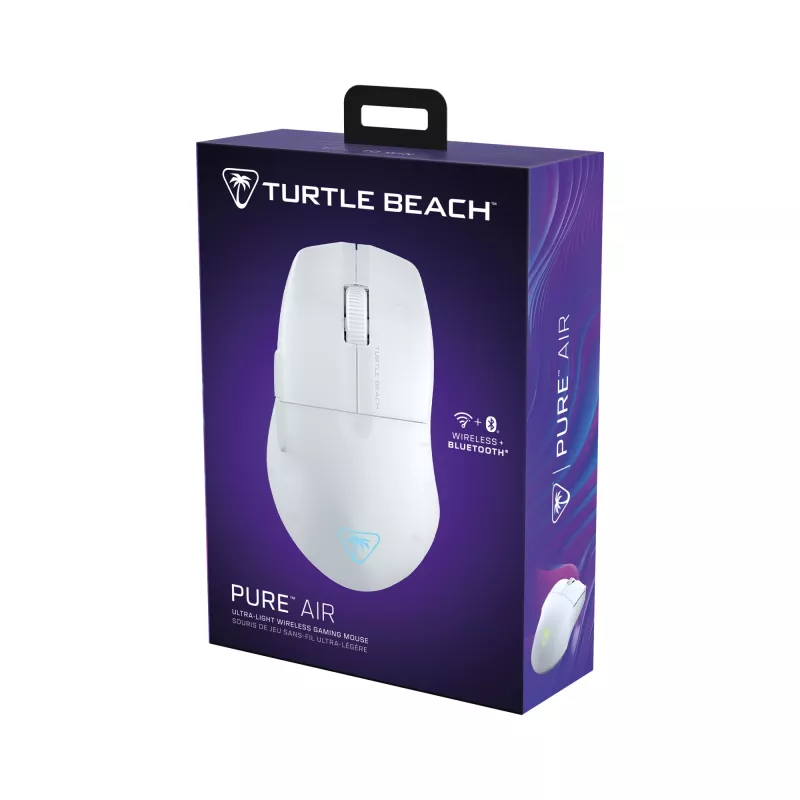 Turtle Beach Pure Air balta - īpaši viegla bezvadu ergonomiska RGB spēļu pele, 26K DPI optiskais sensors, 125 h akumulators, RGB apgaismojums