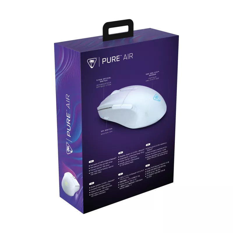 Turtle Beach Pure Air balta - īpaši viegla bezvadu ergonomiska RGB spēļu pele, 26K DPI optiskais sensors, 125 h akumulators, RGB apgaismojums