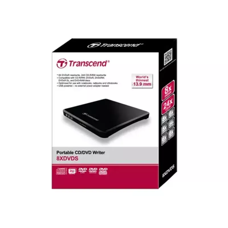 Portable DVD Writer Transcend TS8XDVDS-K, USB 2.0, Melns