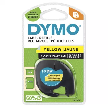 DYMO zīmola LetraTag plastmasas uzlīmes | 12 mm x 4 m rullis | Melna druka uz dzeltena | Daudzfunkcionālas pašlīmējošas uzlīmes LetraTag uzlīmju veidotājiem