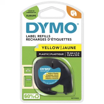 DYMO zīmola LetraTag plastmasas uzlīmes | 12 mm x 4 m rullis | Melna druka uz dzeltena | Daudzfunkcionālas pašlīmējošas uzlīmes LetraTag uzlīmju veidotājiem