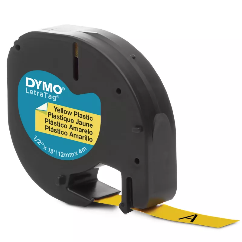DYMO zīmola LetraTag plastmasas uzlīmes | 12 mm x 4 m rullis | Melna druka uz dzeltena | Daudzfunkcionālas pašlīmējošas uzlīmes LetraTag uzlīmju veidotājiem