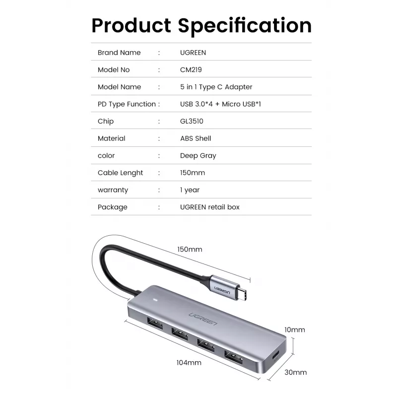 Ugreen 70336 saskarnes centrmezgls USB 3.2 Gen 1 (3.1 Gen 1) Type-C 5000 Mbit/s