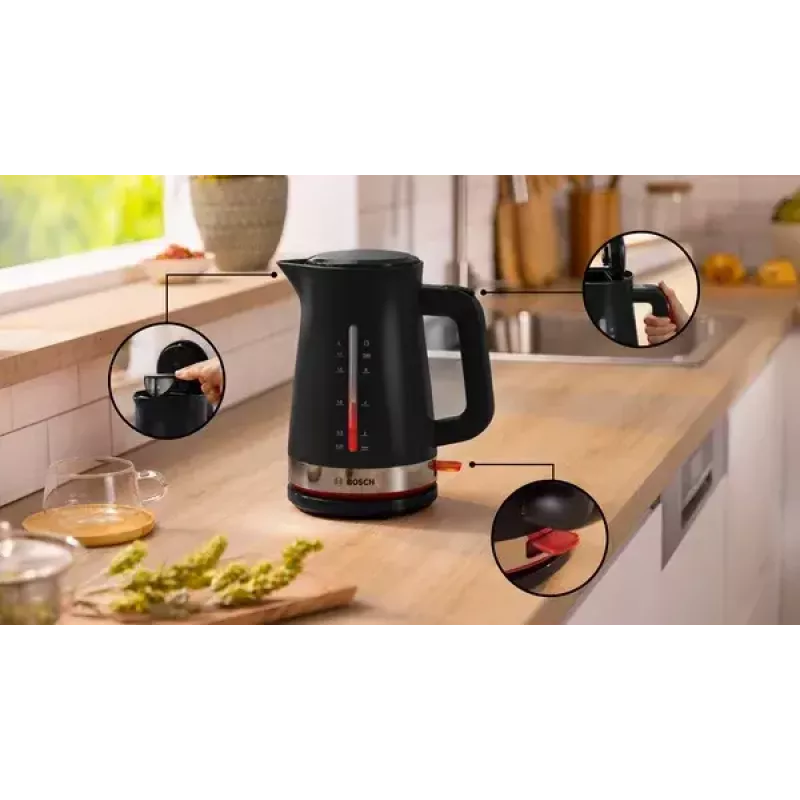 Elektriskā tējkanna Bosch TWK4M223 1,7 L 2400 W, melna, bezvada, slēpts sildelements