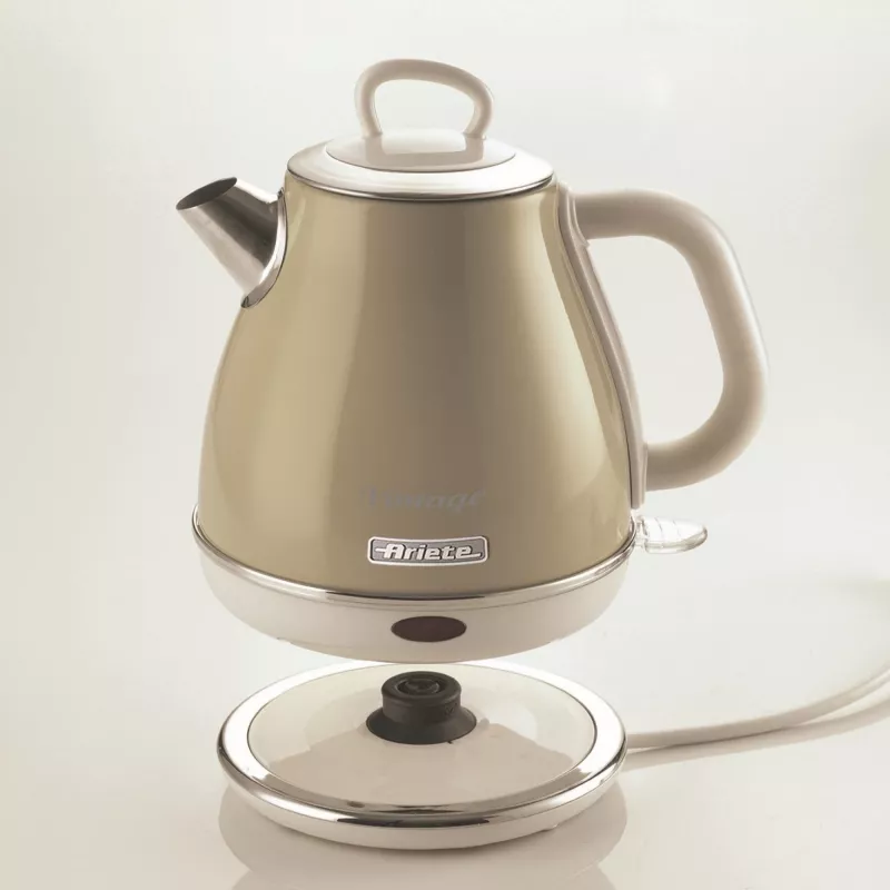 Ariete 2868 Vintage 1 L dizaina elektriskā tējkanna no nerūsējošā tērauda uzlējumiem, tējai un zāļu dzērieniem, automātiskās izslēgšanās sistēma, ergonomisks rokturis, 1 litrs, 1600 W, gaiši bēša