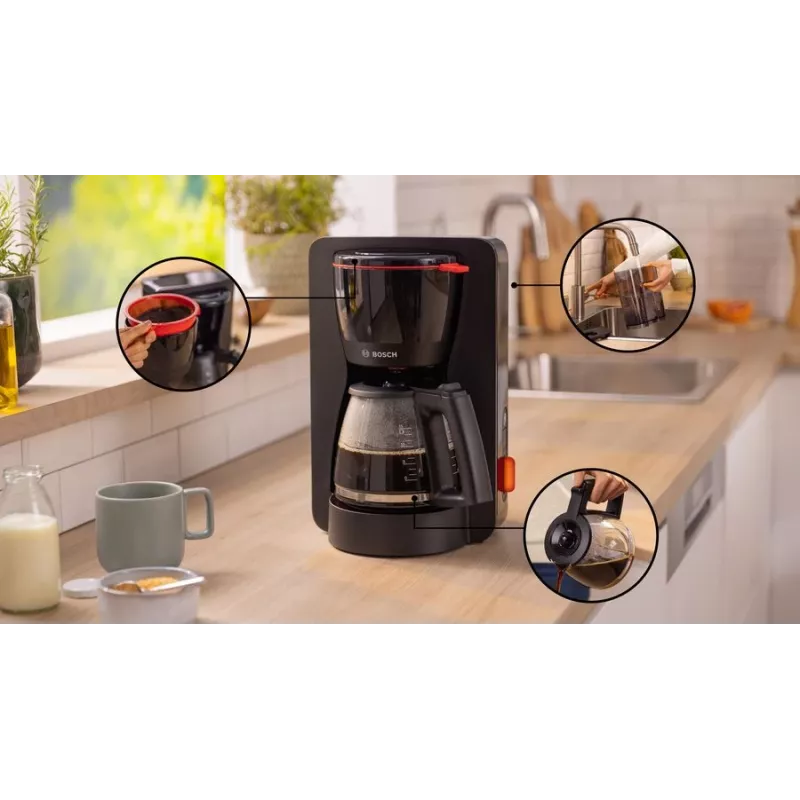 Pilienveida kafijas automāts Bosch TKA3M133, 1,4 L ūdens tvertne, 15 krūzīšu ietilpība, melns
