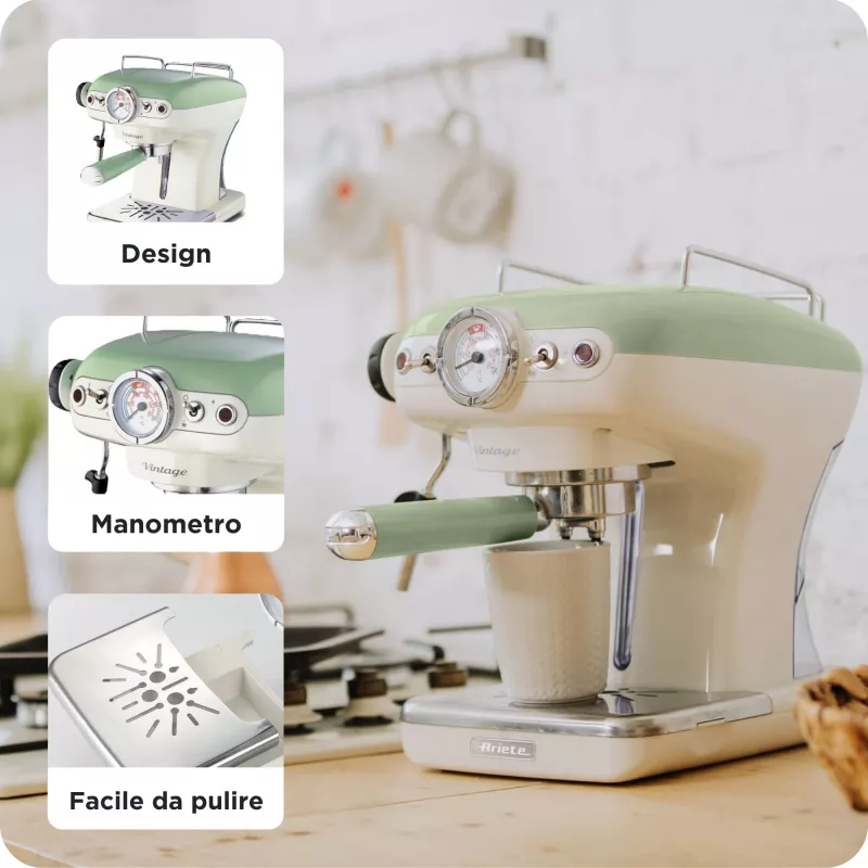 Ariete 1389 Vintage Espresso kafijas automāts - espresso kafijas automāts maltai kafijai vai ESE podiņiem, pasteļzaļā krāsā