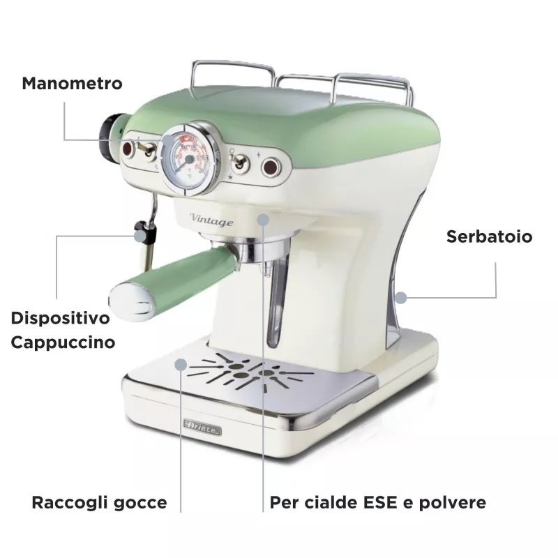 Ariete 1389 Vintage Espresso kafijas automāts - espresso kafijas automāts maltai kafijai vai ESE podiņiem, pasteļzaļā krāsā