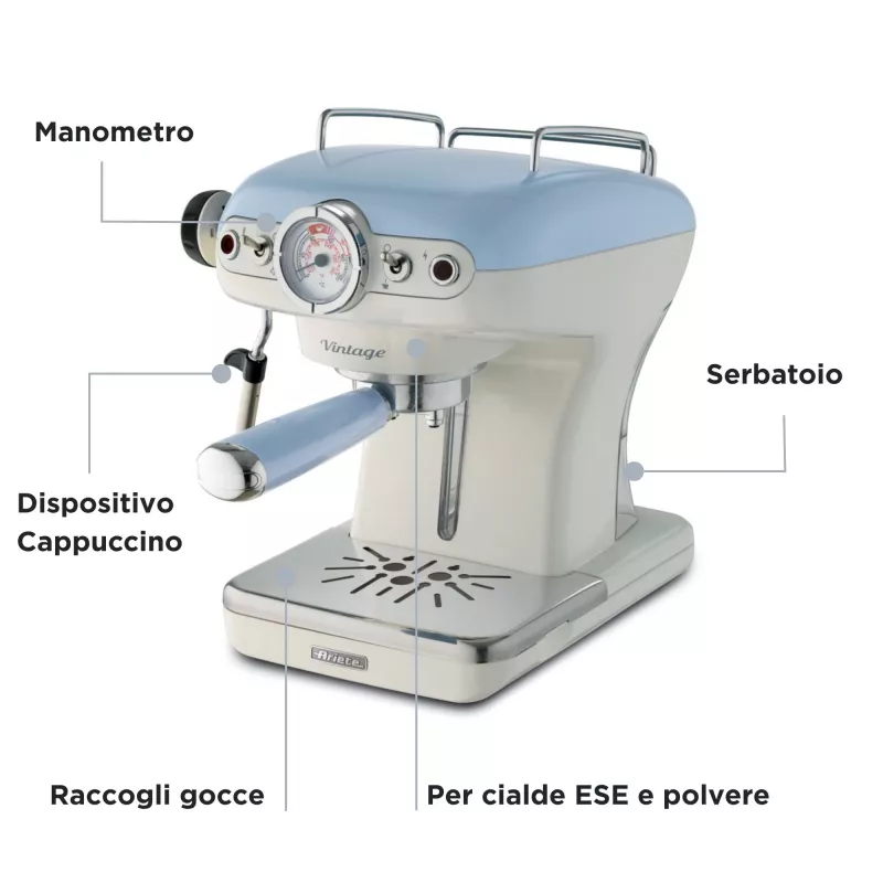 Ariete 1389 Vintage Espresso kafijas automāts - Espresso kafijas automāts maltai kafijai vai ESE spilventiņiem, gaiši zilā krāsā