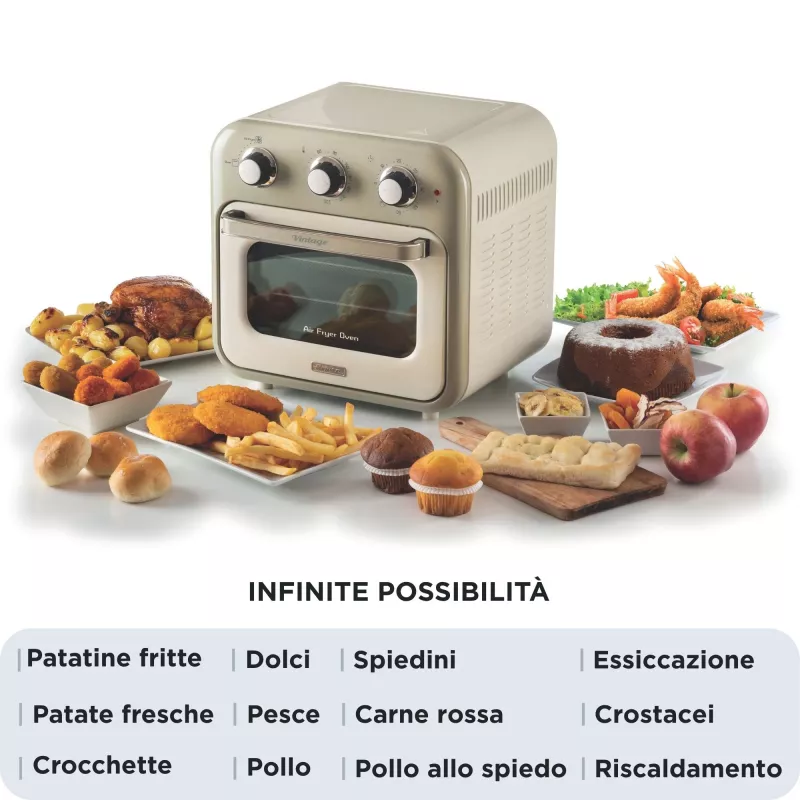 Ariete 4632 Gaisa fritieris un cepeškrāsns Vintage, 1400W, 2in1, Tilpums 16L, Piederumi iekļauti, Taimeris 60 minūtes, Dubultstikls, Bēšs