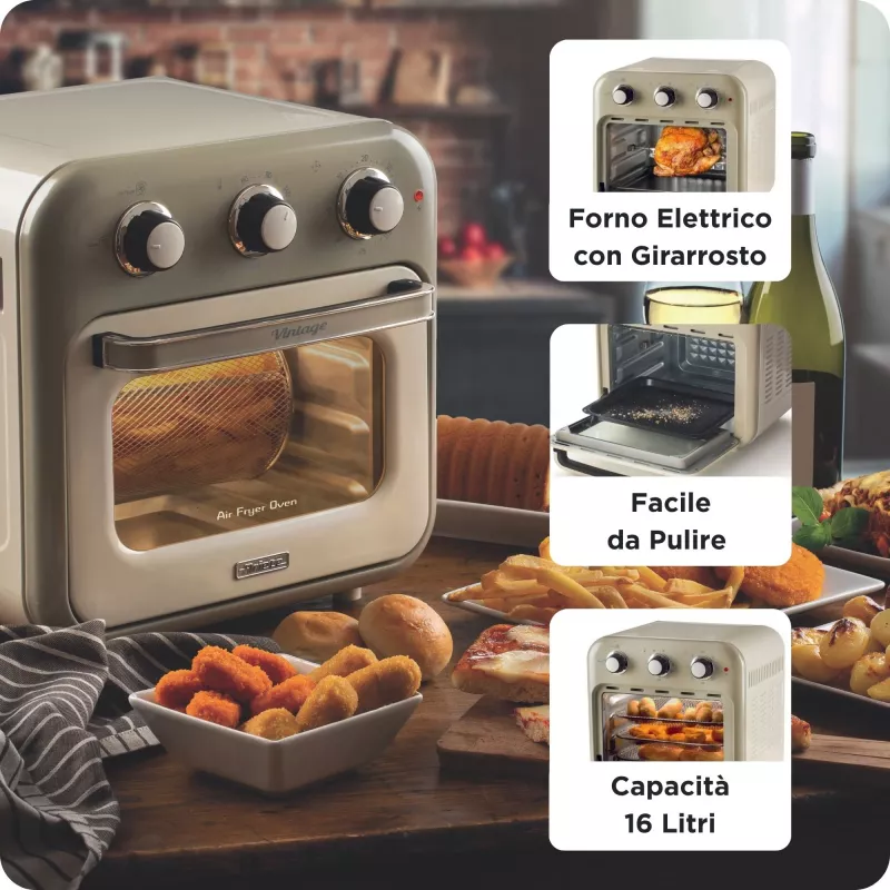 Ariete 4632 Gaisa fritieris un cepeškrāsns Vintage, 1400W, 2in1, Tilpums 16L, Piederumi iekļauti, Taimeris 60 minūtes, Dubultstikls, Bēšs