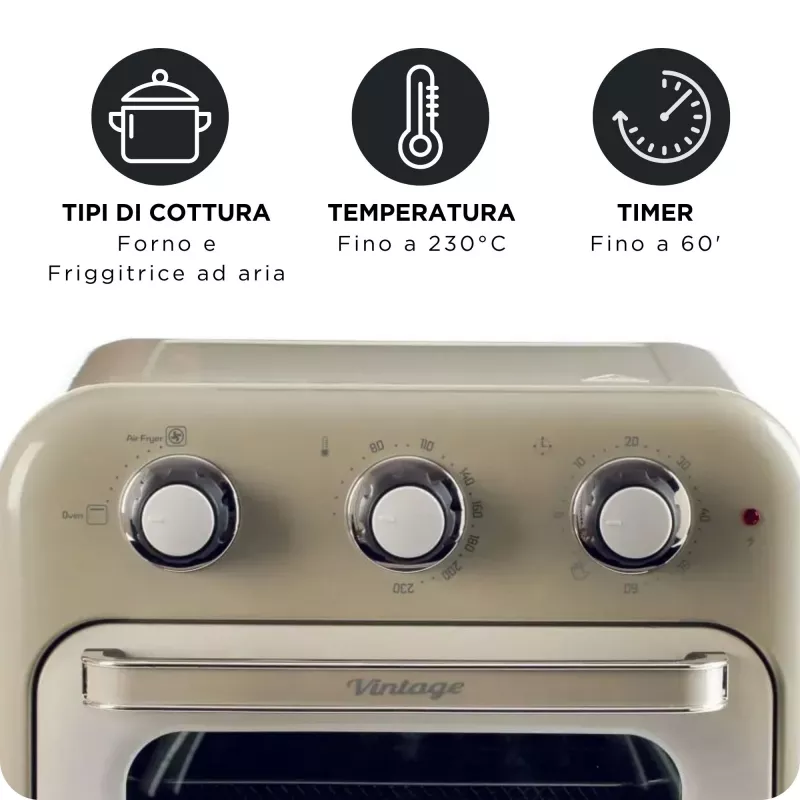 Ariete 4632 Gaisa fritieris un cepeškrāsns Vintage, 1400W, 2in1, Tilpums 16L, Piederumi iekļauti, Taimeris 60 minūtes, Dubultstikls, Bēšs