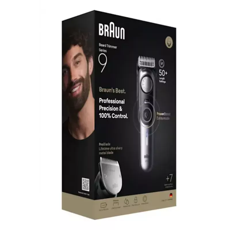 Braun BeardTrimmer 9 BT9520 bārdas trimmeris, baterija, 52, 2 cm, mitra un sausa, melns, pelēks