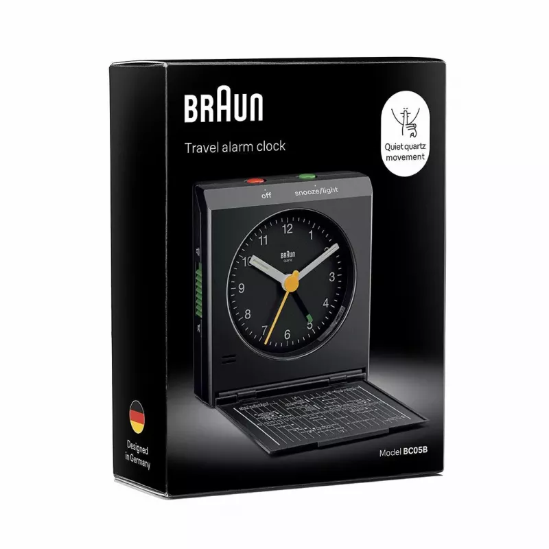 Modinātājpulkstenis BRAUN BC 05 B Quartz Salokāms Melns — kompakts ceļojumu modinātājs ar kvarca mehānismu