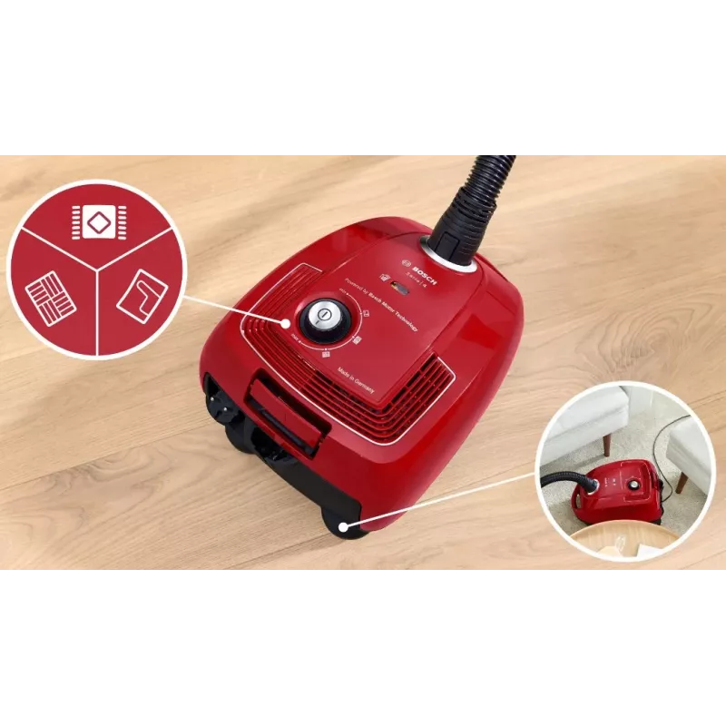 Bosch Serie 4 BGD38RD1H putekļsūcējs ar tvertni, 600 W, 4 L putekļu maisiņš, sausā tīrīšana, sarkans