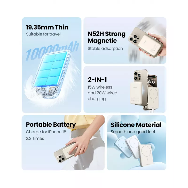 Ugreen 25208 ārējais akumulators 10000 mAh Bezvadu uzlāde Bēšs