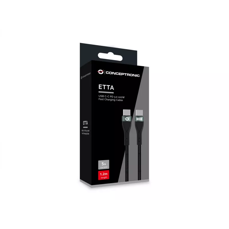 Conceptronic ETTA01B12 USB C-C PD 3.0 100W Ātrās uzlādes kabelis 1.2M, 20V 5A, 480Mbps, E-Mark