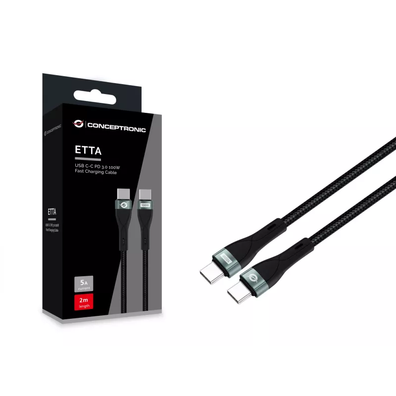 Conceptronic ETTA01B20 USB C-C PD 3.0 100W ātrās uzlādes kabelis 2M, 20V 5A, 480Mbps, E-Mark