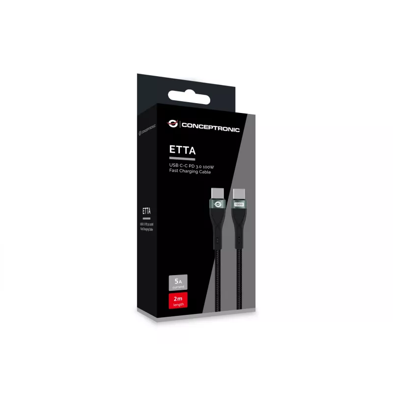 Conceptronic ETTA01B20 USB C-C PD 3.0 100W ātrās uzlādes kabelis 2M, 20V 5A, 480Mbps, E-Mark