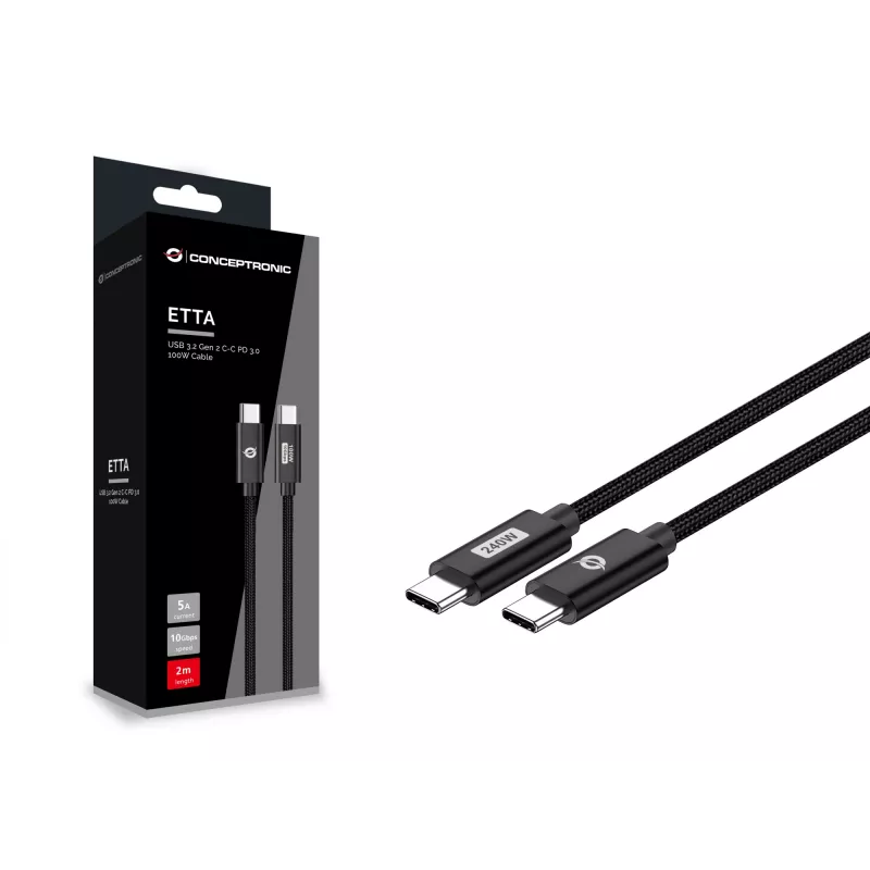Conceptronic ETTA03B12 USB C-C PD 3.1 240W ātrās uzlādes kabelis 1,2 m, 48V 5A, 480 Mb/s, ar E-Mark