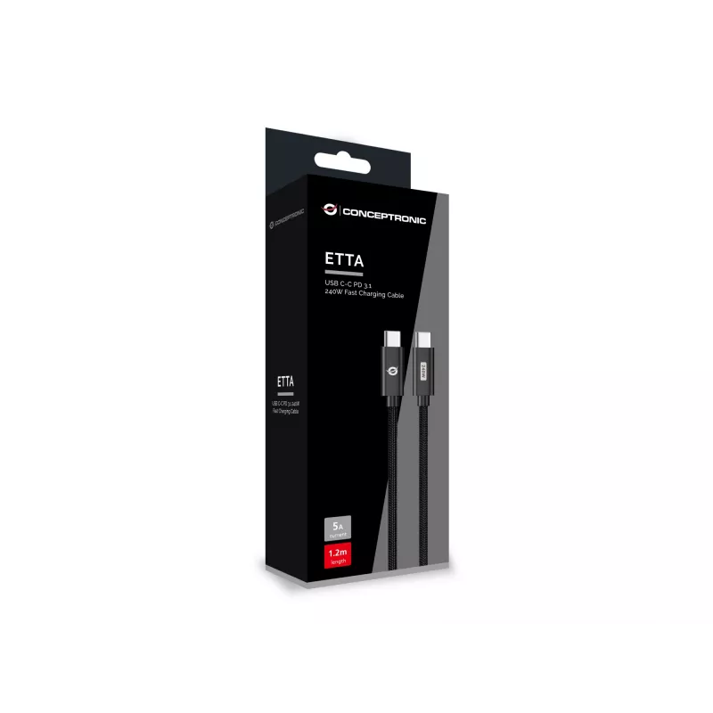 Conceptronic ETTA03B12 USB C-C PD 3.1 240W ātrās uzlādes kabelis 1,2 m, 48V 5A, 480 Mb/s, ar E-Mark