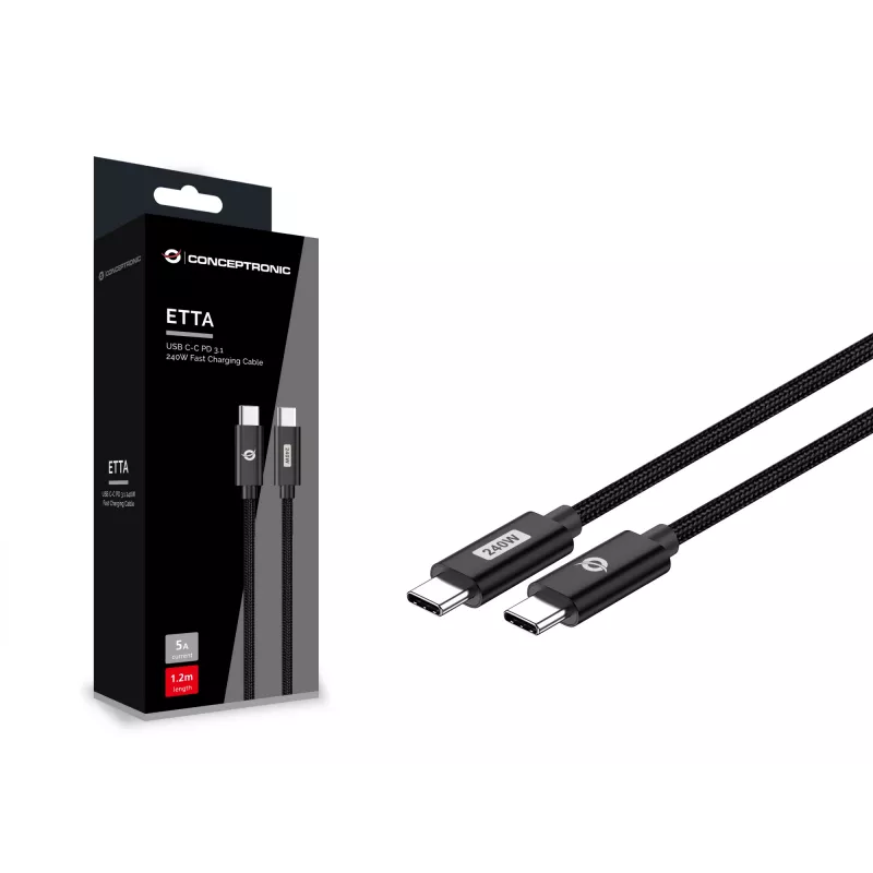 Conceptronic ETTA03B20 USB C-C PD 3.1 240W ātrās uzlādes kabelis 2m, 48V 5A, 480Mbps, E-Mark