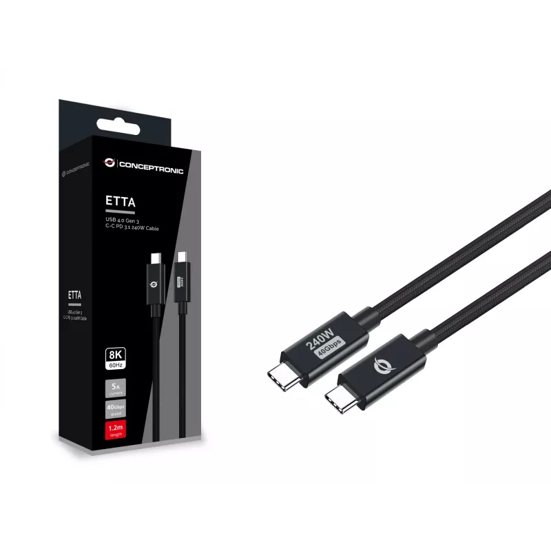 Conceptronic ETTA04B12 USB 4.0 Gen 3 C-C PD 3.1 240 W kabelis 1,2 m, 48 V 5 A, 40 Gb/s, E-Mark