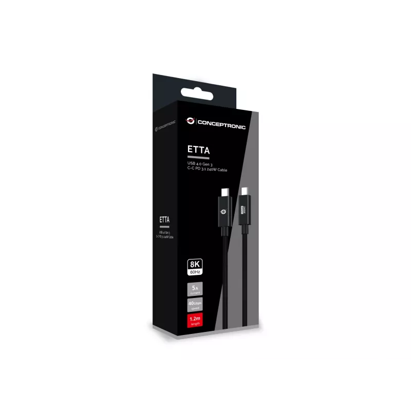 Conceptronic ETTA04B12 USB 4.0 Gen 3 C-C PD 3.1 240 W kabelis 1,2 m, 48 V 5 A, 40 Gb/s, E-Mark