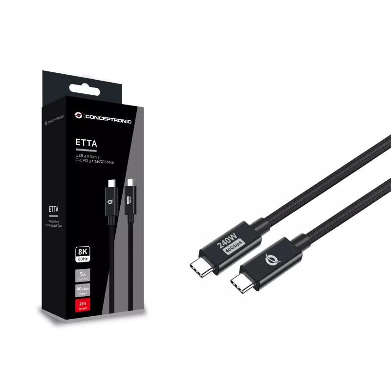 Conceptronic ETTA04B20 USB 4.0 Gen 3 C-C PD 3.1 240W kabelis 2m, 48V 5A, 40Gbps, E-Mark