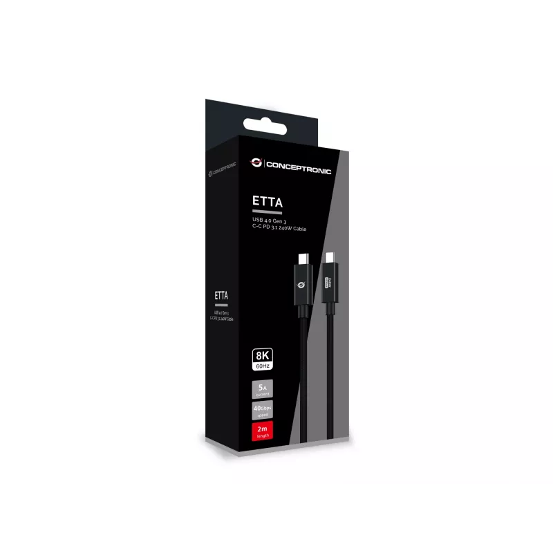 Conceptronic ETTA04B20 USB 4.0 Gen 3 C-C PD 3.1 240W kabelis 2m, 48V 5A, 40Gbps, E-Mark