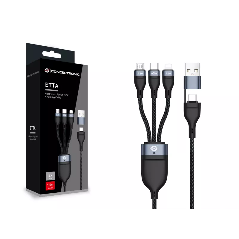 Conceptronic ETTA05B15 USB 3-vienā PD 3.0 60W uzlādes kabelis 1,5 m, 20V 3A, 480Mbps