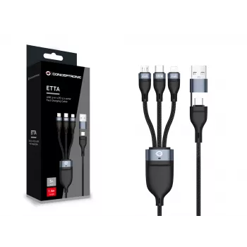 Conceptronic ETTA06B15 USB 3-in-1 PD 3.0 100W ātrās uzlādes kabelis 1,5 m, 20 V 5 A, 480 Mbps, E-Mark