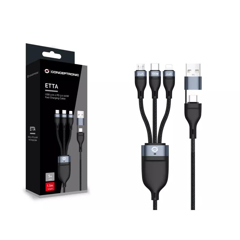 Conceptronic ETTA06B15 USB 3-in-1 PD 3.0 100W ātrās uzlādes kabelis 1,5 m, 20 V 5 A, 480 Mbps, E-Mark