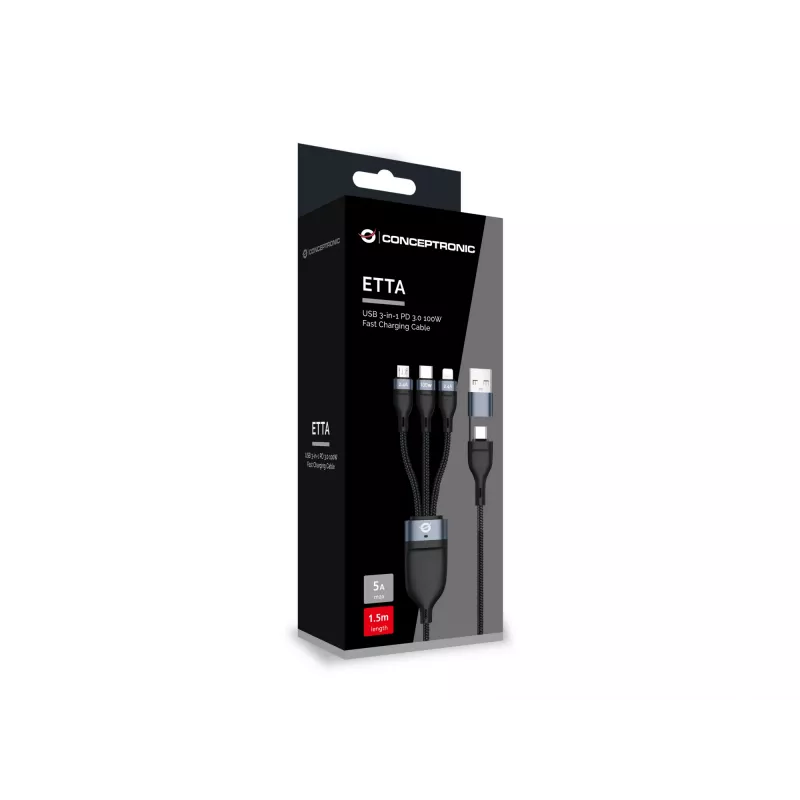 Conceptronic ETTA06B15 USB 3-in-1 PD 3.0 100W ātrās uzlādes kabelis 1,5 m, 20 V 5 A, 480 Mbps, E-Mark