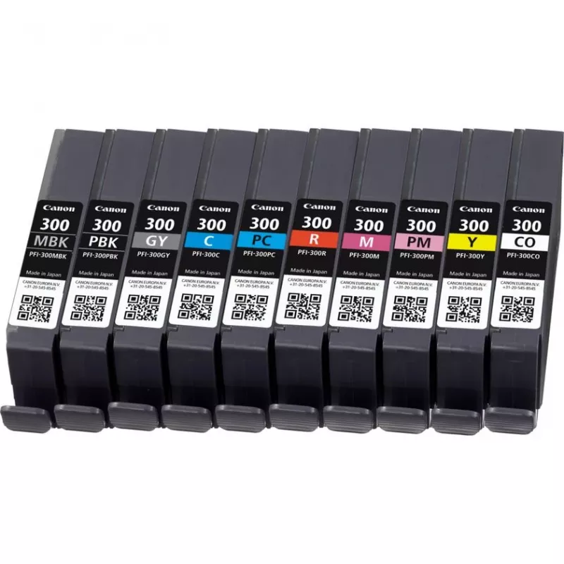 Canon PFI-300 tintes kasetne 10 gab. Oriģināla Melna, Zila, Ciāna, Pelēka, Fuksīna, Foto melna, Foto fuksīna, Sarkana, Dzeltena