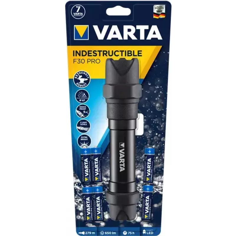 Rokas lukturis Varta INDESTRUCTIBLE F30 PRO Melns 6W 650lm IP67