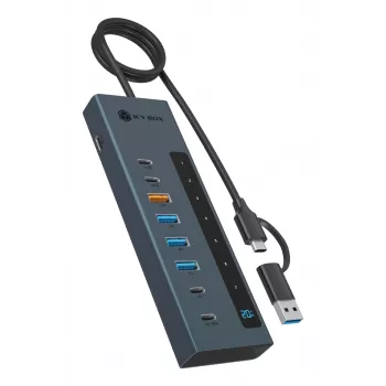 RAIDSONIC ICY BOX 9-in-1 centrmezgls ar jaudas piegādi, USB 3.2 Gen 2 Type-C/Type-A resursdators, alumīnijs, zils