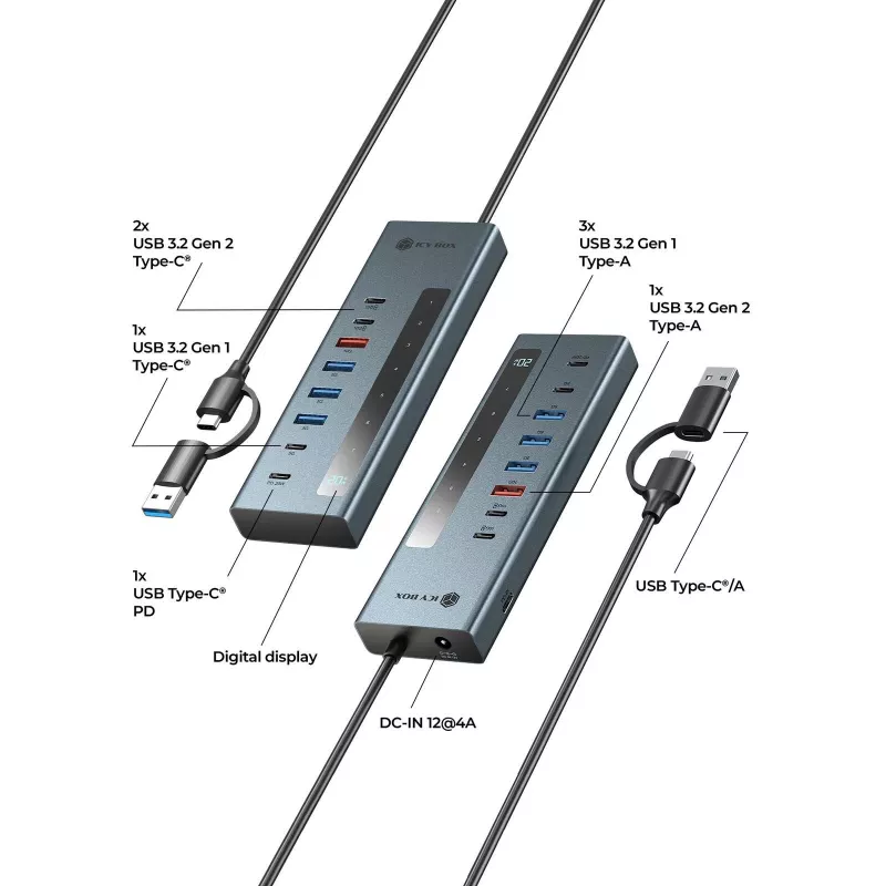 RAIDSONIC ICY BOX 9-in-1 centrmezgls ar jaudas piegādi, USB 3.2 Gen 2 Type-C/Type-A resursdators, alumīnijs, zils