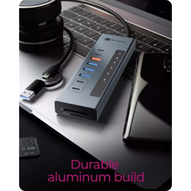 ICY BOX 11-in-1 USB Type-C centrmezgls ar karšu lasītāju un PD
