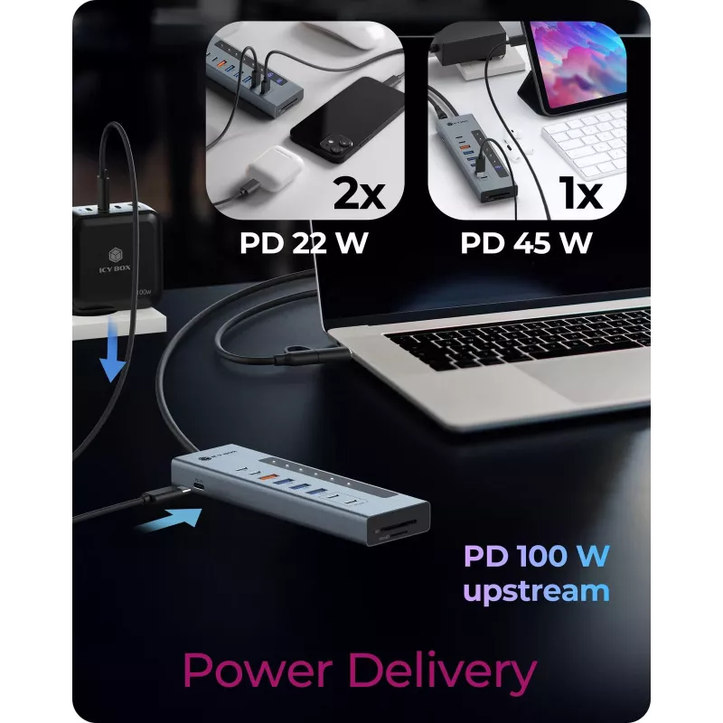 ICY BOX 11-in-1 USB Type-C centrmezgls ar karšu lasītāju un PD