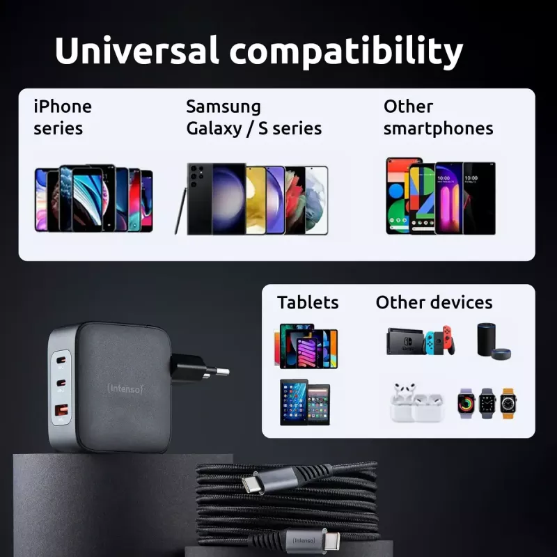Strāvas adapteris Intenso W100ACC+C520C 100 W ātrā uzlāde GaN melns