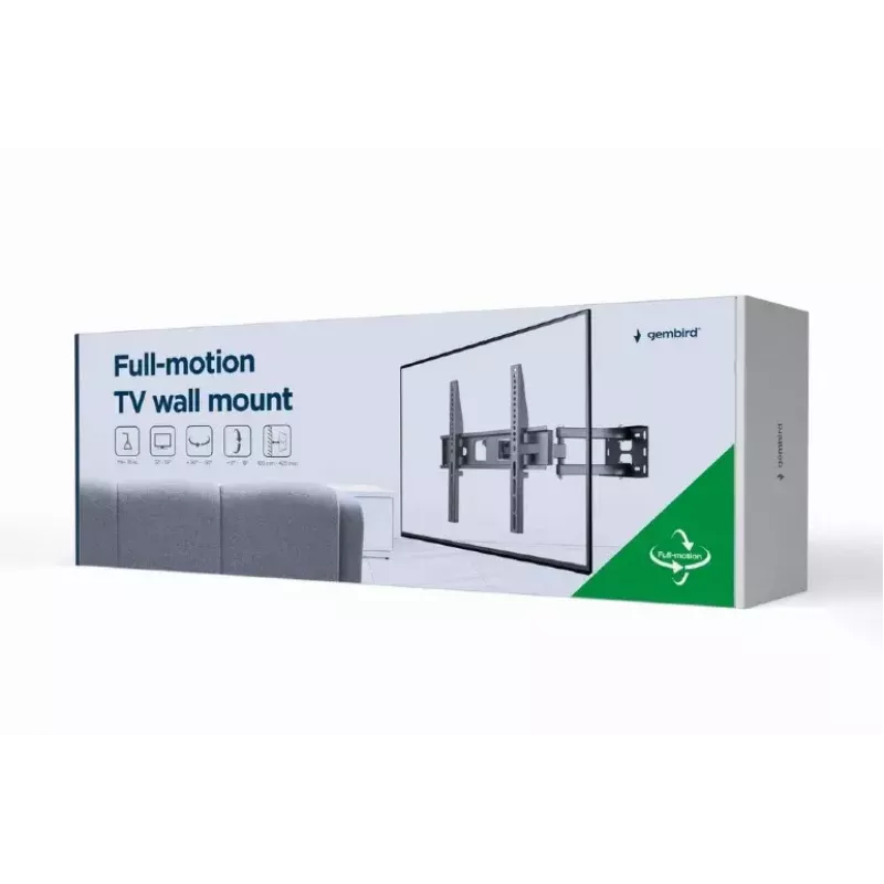TV sienas stiprinājums Gembird WM-55ST-03 32–55 collu ekrāniem, VESA līdz 400x400, slīpums -18°/5°, pagriešana ±90°, maks. slodze 35 kg, melns