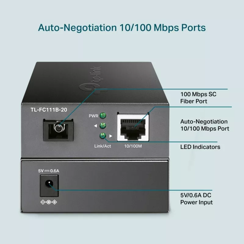 TP-Link 10/100 Mbps RJ45 uz 100 Mbps vienmoda SC WDM divvirzienu optisko signālu pārveidotājs