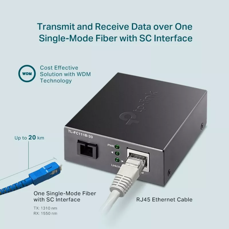 TP-Link 10/100 Mbps RJ45 uz 100 Mbps vienmoda SC WDM divvirzienu optisko signālu pārveidotājs