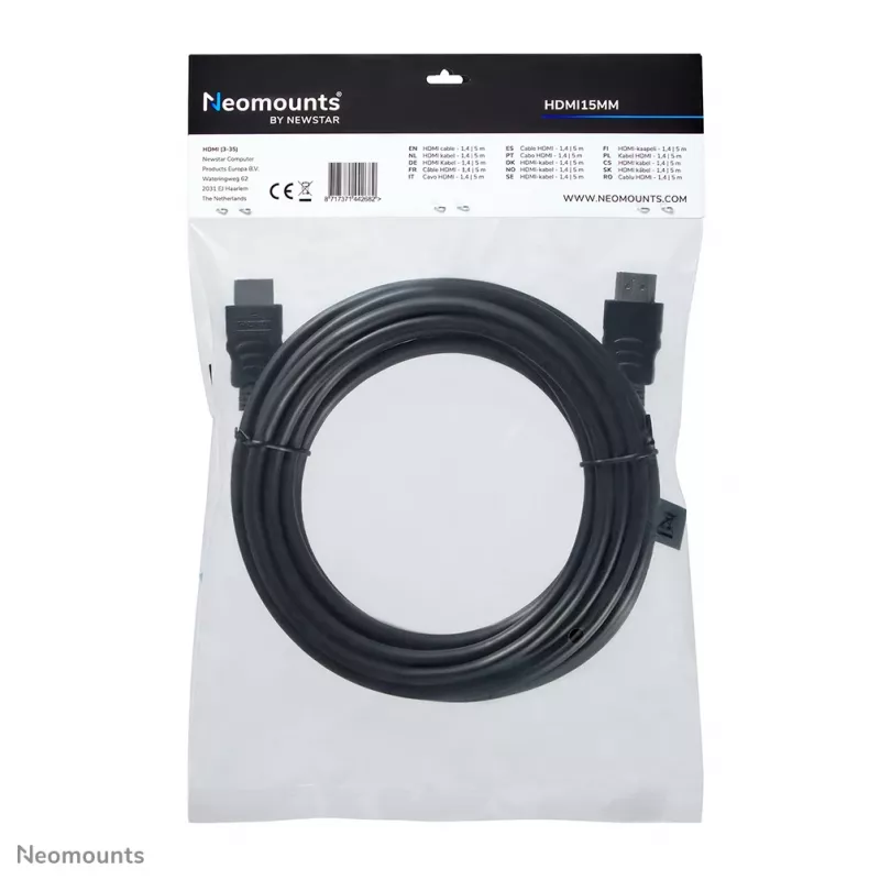 Neomounts HDMI15MM HDMI kabelis - 5 metri, 5 m, HDMI A tipa (standarta), HDMI A tipa (standarta), 10,2 Gbit/s, Melns