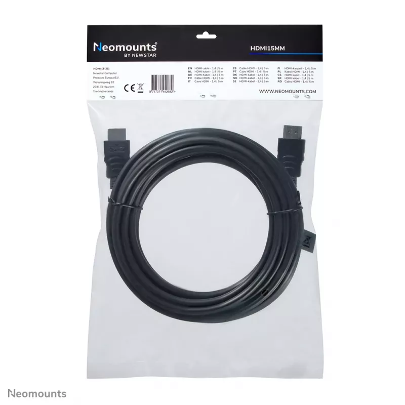 Neomounts HDMI15MM HDMI kabelis - 5 metri, 5 m, HDMI A tipa (standarta), HDMI A tipa (standarta), 10,2 Gbit/s, Melns