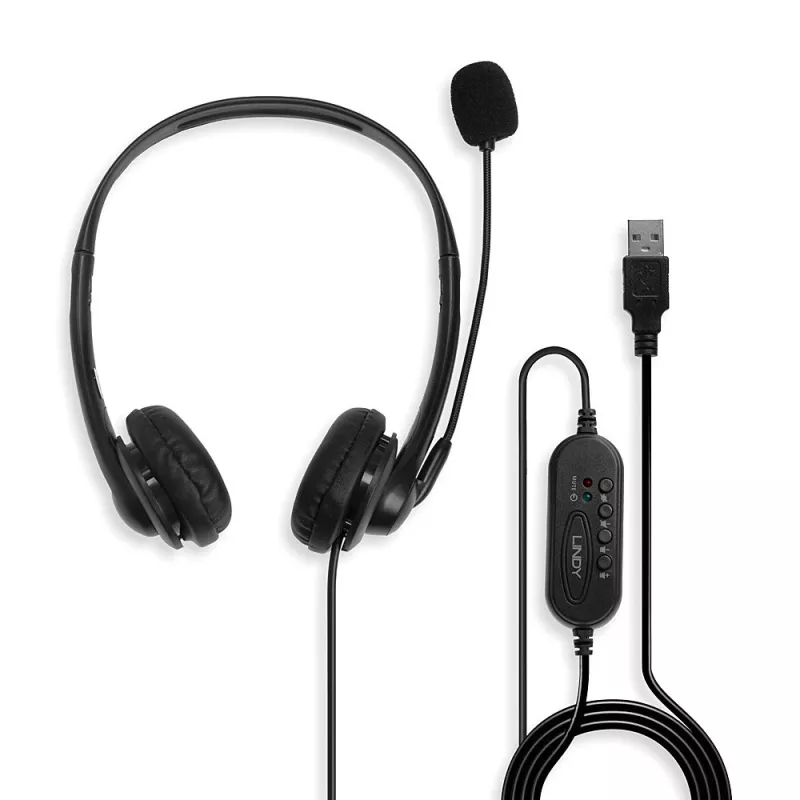 Headset Lindy USB Type A vadu austiņas ar līnijas vadību